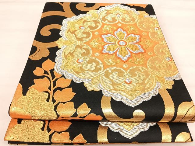 平和屋着物◎六通柄袋帯 唐織 正倉院花文 黒地 金銀糸 正絹 逸品 AABI5580yx