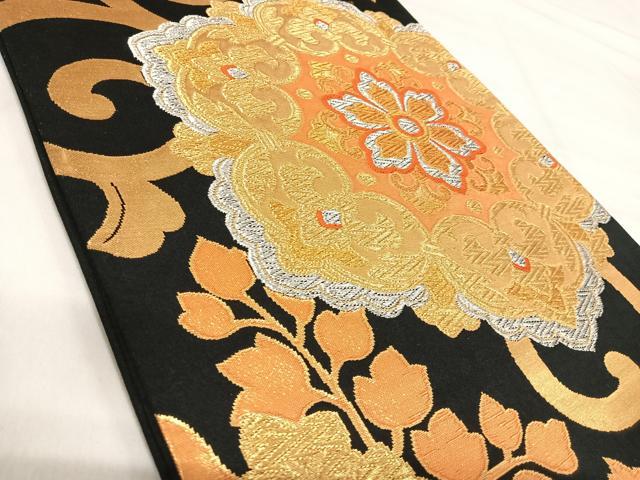 平和屋着物◎六通柄袋帯 唐織 正倉院花文 黒地 金銀糸 正絹 逸品 AABI5580yx