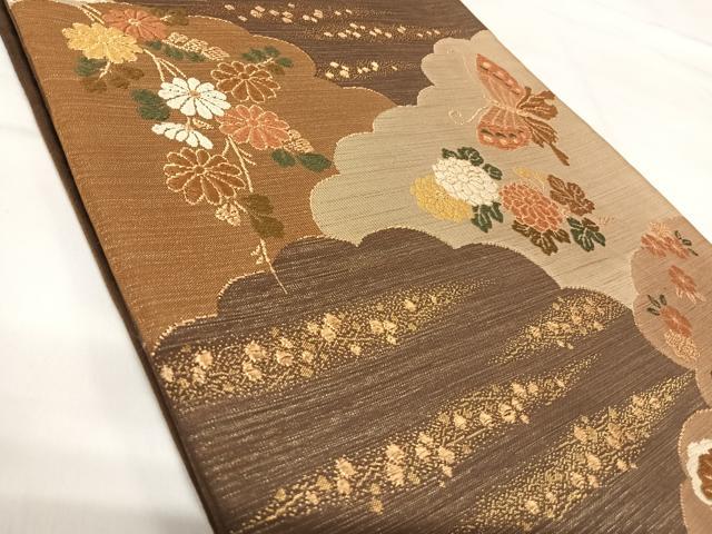 平和屋着物◎六通柄袋帯 唐織 飛鶴花蝶文 金糸 正絹 逸品 AABI5586yx