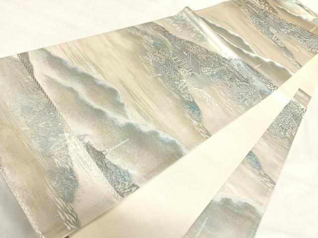 平和屋着物◎六通柄袋帯 小京都 風景文 明日香 プラチナ箔 正絹 逸品 AABI5589yx