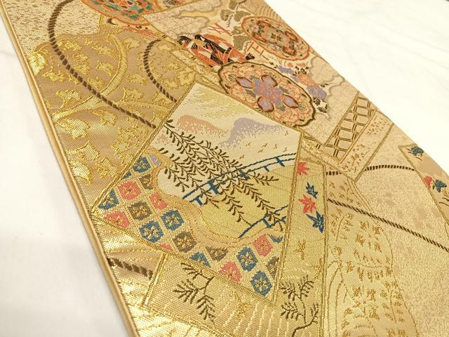 平和屋着物◎六通柄袋帯 人物花文 金糸 正絹 逸品 未使用 AABI5591yx