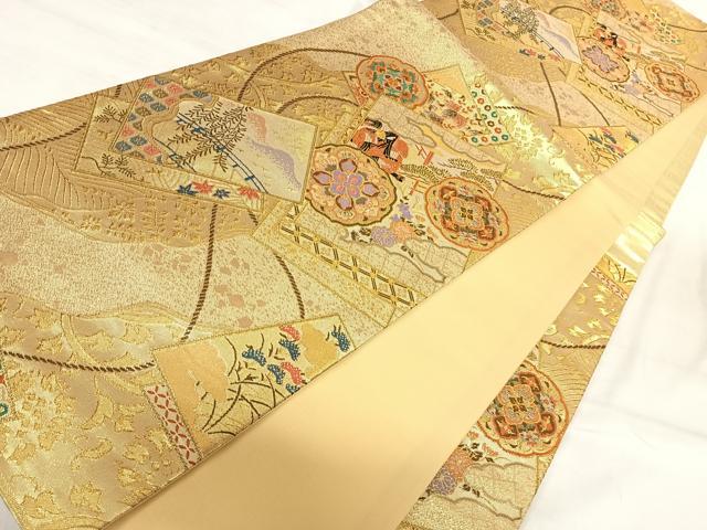 平和屋着物◎六通柄袋帯 人物花文 金糸 正絹 逸品 未使用 AABI5591yx
