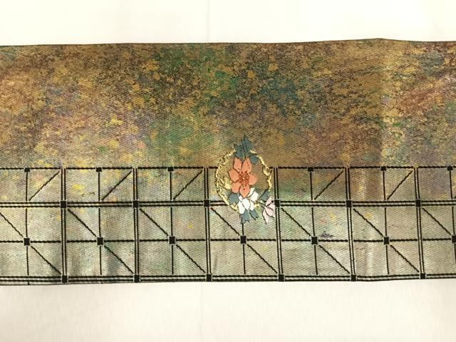 平和屋着物◎九寸名古屋帯 唐織 雪輪花文 黒地 金糸 引箔 正絹 逸品 AABI5594yx