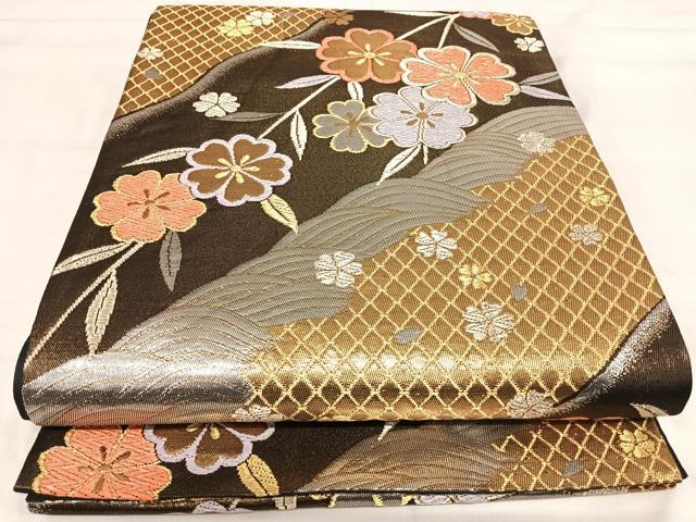 平和屋着物◎六通柄袋帯 立波花文 黒地 金銀糸 正絹 逸品 AABI5599yx