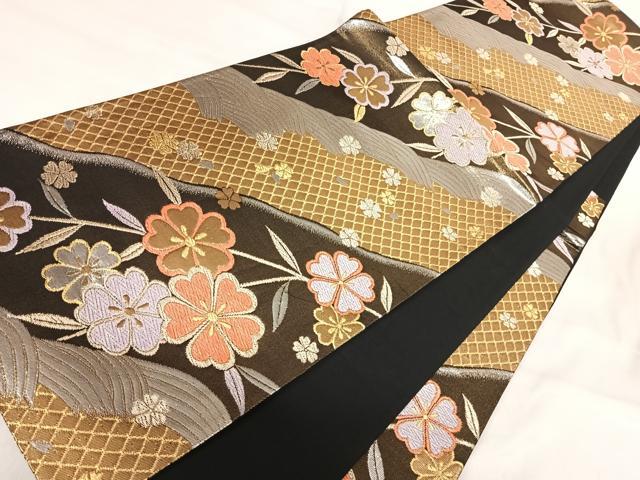 平和屋着物◎六通柄袋帯 立波花文 黒地 金銀糸 正絹 逸品 AABI5599yx