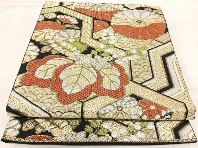 平和屋着物◎六通柄京袋帯 桐 黒地 金糸 正絹 逸品 AABI5601yx