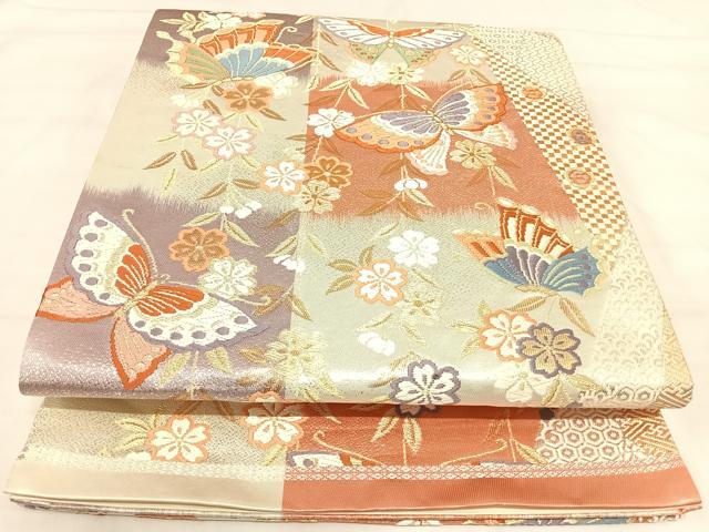 平和屋着物◎六通柄袋帯 唐織 花蝶文 金銀糸 正絹 逸品 AABI5603yx