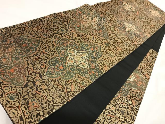 平和屋着物◎西陣 服部織物謹製 六通柄袋帯 こはく錦 二重箔織 飾花文 黒地 金糸 正絹 逸品 AABI5606yx