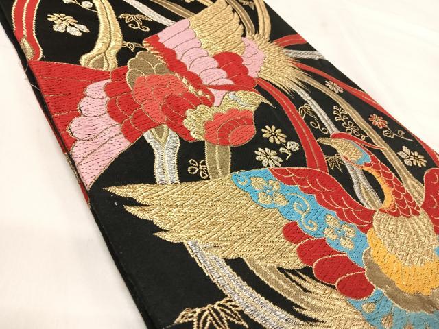 平和屋着物◎六通柄袋帯 唐織 向かい鳳凰 黒地 金銀糸 正絹 逸品 AABI5611yx