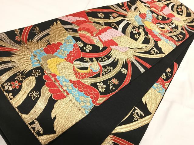 平和屋着物◎六通柄袋帯 唐織 向かい鳳凰 黒地 金銀糸 正絹 逸品 AABI5611yx