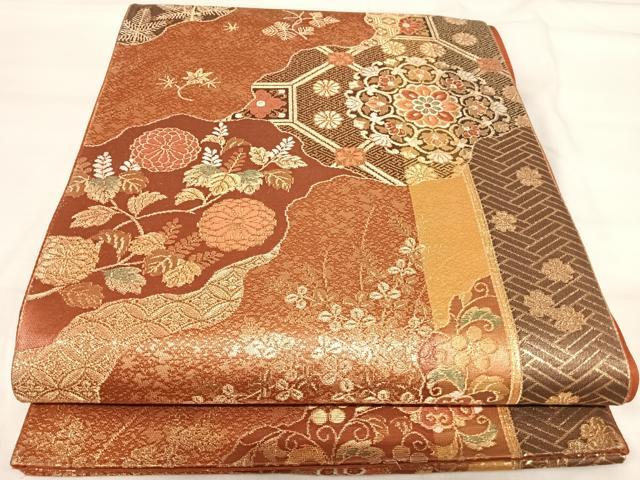 平和屋着物◎六通柄袋帯 道長蜀江花文 金糸 正絹 逸品 AABI5613yx