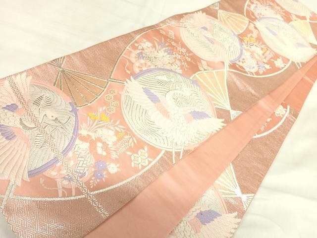 平和屋着物◎六通柄袋帯 唐織 飛鶴花車文 銀糸 正絹 逸品 AABI5621yx