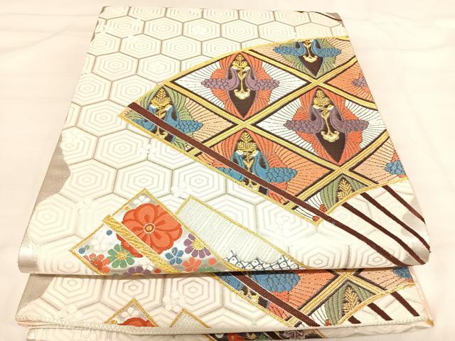 平和屋着物◎六通柄袋帯 唐織 向かい鳥扇面花文 金銀糸 正絹 逸品 AABI5632yx
