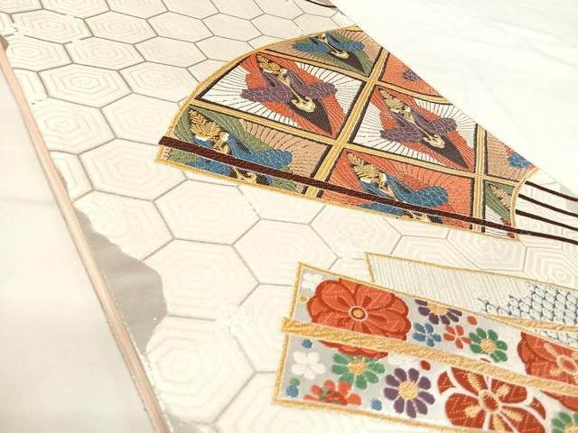 平和屋着物◎六通柄袋帯 唐織 向かい鳥扇面花文 金銀糸 正絹 逸品 AABI5632yx