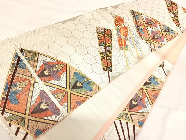 平和屋着物◎六通柄袋帯 唐織 向かい鳥扇面花文 金銀糸 正絹 逸品 AABI5632yx