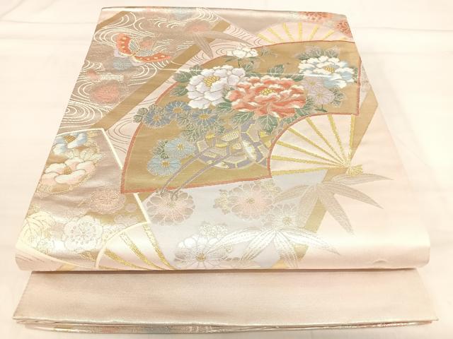 平和屋着物◎六通柄袋帯 薫風彩 扇面花蝶文 金銀糸 正絹 逸品 AABI5633yx