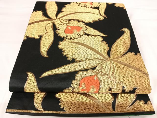 平和屋着物◎全通柄袋帯 花尽くし 黒地 金糸 正絹 逸品 AABI5637yx