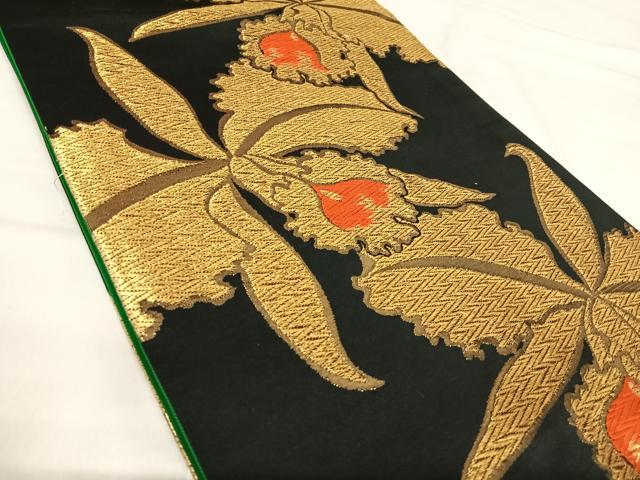 平和屋着物◎全通柄袋帯 花尽くし 黒地 金糸 正絹 逸品 AABI5637yx