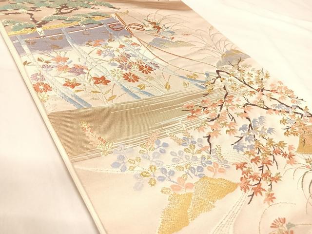 平和屋着物◎六通柄袋帯 唐織 御所車風景花文 金銀糸 正絹 逸品 AABI5640yx