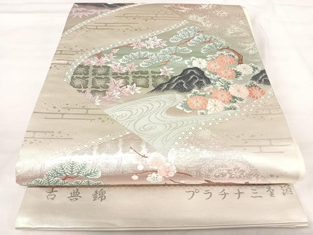 平和屋着物◎六通柄袋帯 古典錦 プラチナ三重箔 流水風景花文 正絹 逸品 AABI5642yx