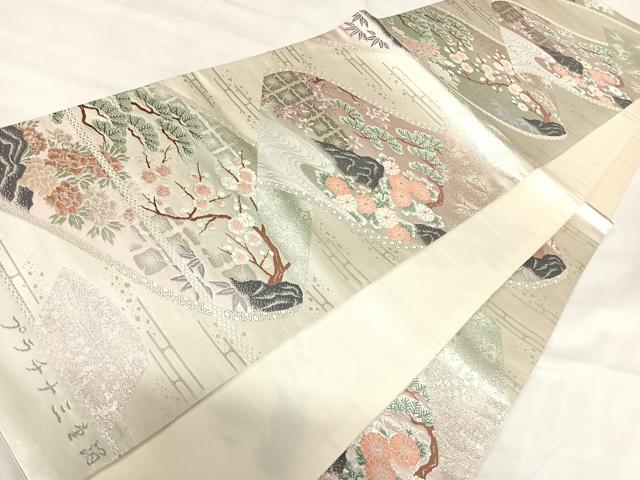 平和屋着物◎六通柄袋帯 古典錦 プラチナ三重箔 流水風景花文 正絹 逸品 AABI5642yx