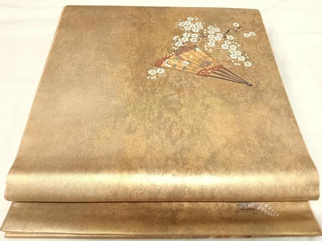 平和屋着物◎太鼓柄袋帯 唐織 扇面花文 金糸 引箔 正絹 逸品 AABI5644yx
