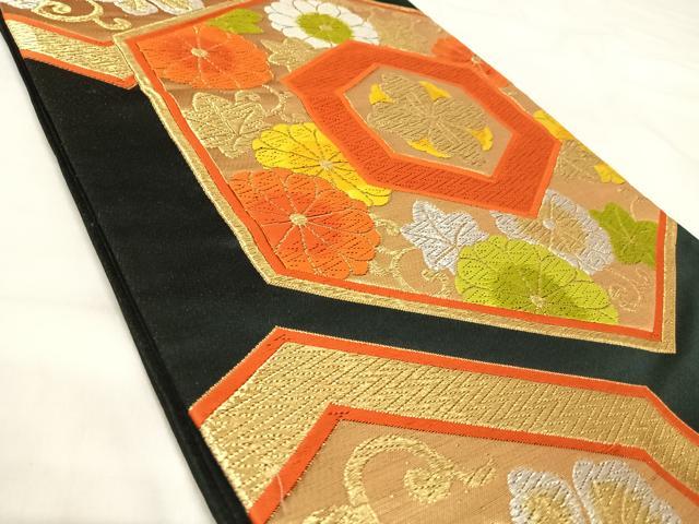平和屋着物◎六通柄袋帯 唐織 亀甲花文 黒地 金銀糸 正絹 逸品 AABI5645yx