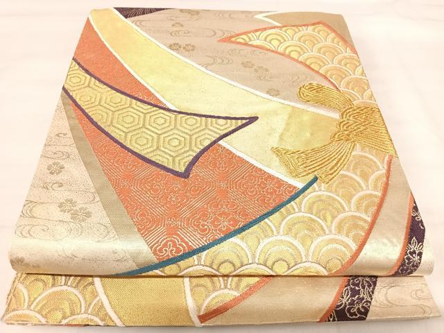 平和屋着物◎六通柄袋帯 束ね熨斗鳳凰花文 金銀糸 正絹 逸品 AABI5649yx