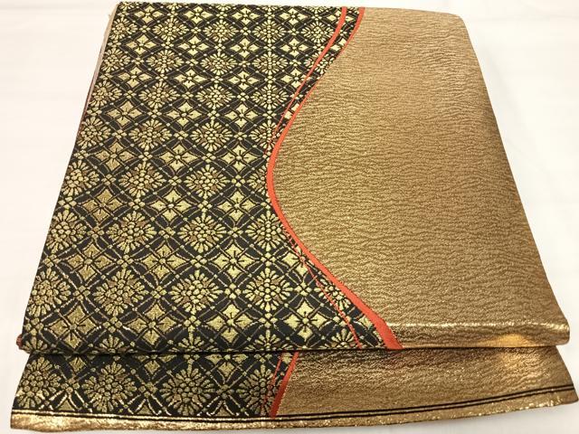 平和屋着物◎全通柄袋帯 よろけ花間道 黒地 金糸 正絹 逸品 AABI5657yx