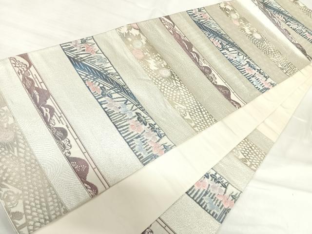 平和屋着物◎六通柄袋帯 横段風景花文 銀糸 正絹 逸品 AABI5658yx