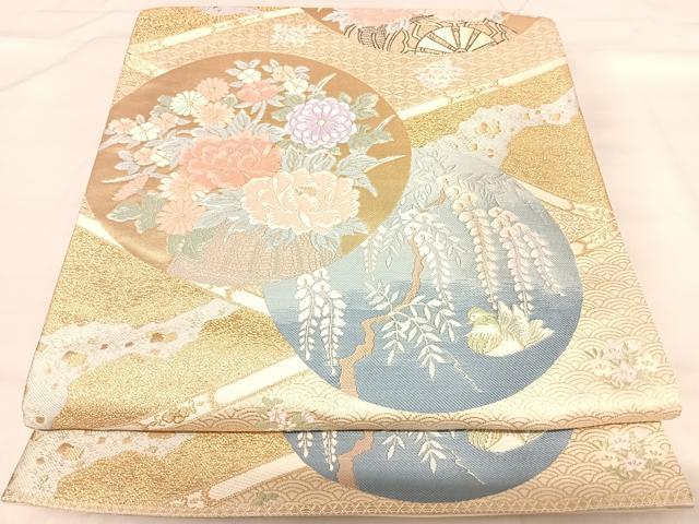 平和屋着物◎六通柄袋帯 唐織 桧垣地花丸文 金糸 正絹 逸品 AABI5669yx