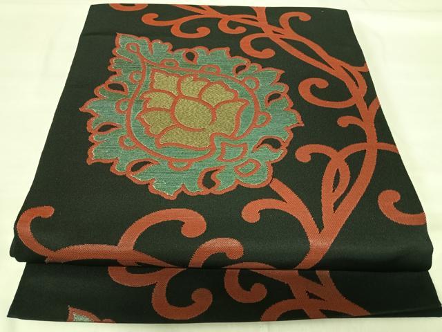 平和屋着物◎全通柄 本袋帯 更紗花唐草文 黒地 金糸 正絹 逸品 AABI5672yx