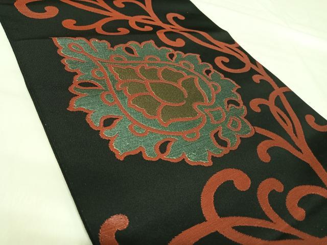 平和屋着物◎全通柄 本袋帯 更紗花唐草文 黒地 金糸 正絹 逸品 AABI5672yx