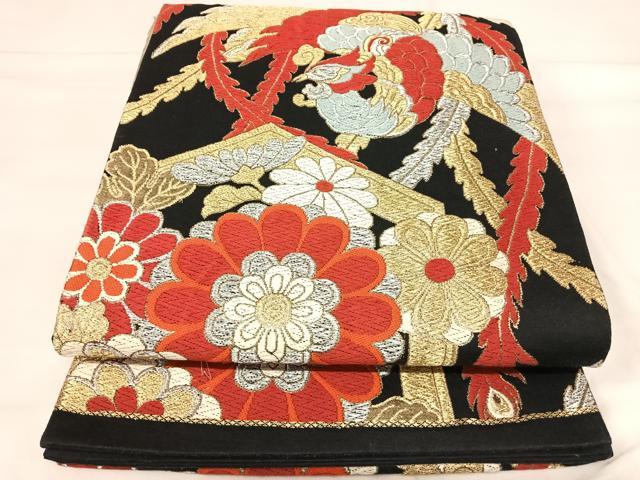 平和屋着物◎六通柄袋帯 唐織 鳳凰花文 黒地 金銀糸 正絹 逸品 AABI5673yx