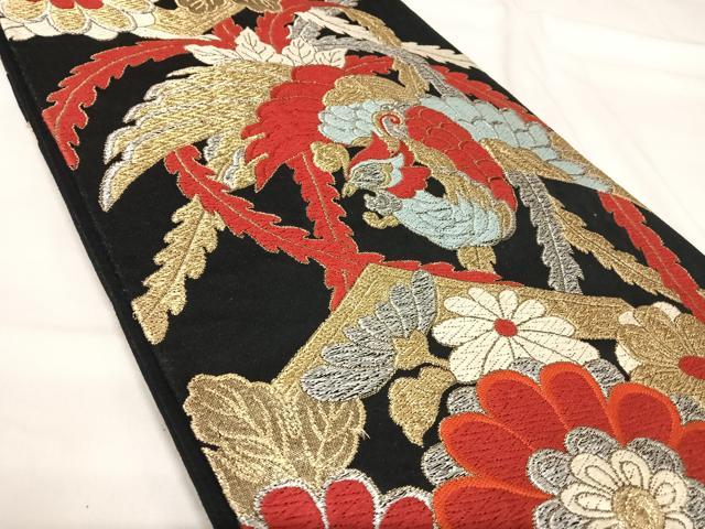 平和屋着物◎六通柄袋帯 唐織 鳳凰花文 黒地 金銀糸 正絹 逸品 AABI5673yx