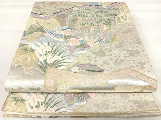 平和屋着物◎六通柄袋帯 唐織 日本屛風絵 山水四季花鳥図 伝雪舟 金銀糸 正絹 逸品 AABI5676yx