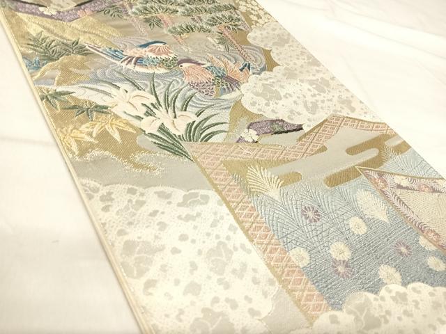 平和屋着物◎六通柄袋帯 唐織 日本屛風絵 山水四季花鳥図 伝雪舟 金銀糸 正絹 逸品 AABI5676yx