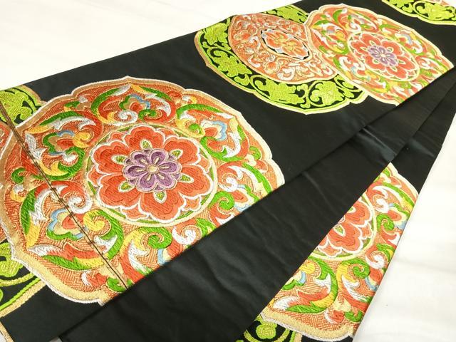 平和屋着物◎六通柄袋帯 唐織 花丸文 黒地 金銀糸 正絹 逸品 AABI5678yx