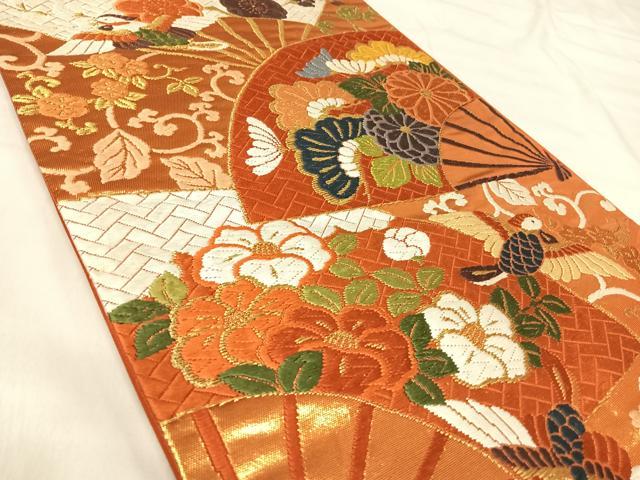 平和屋着物◎六通柄袋帯 唐織 扇面花鳥文 金糸 正絹 逸品 AABI5694yx