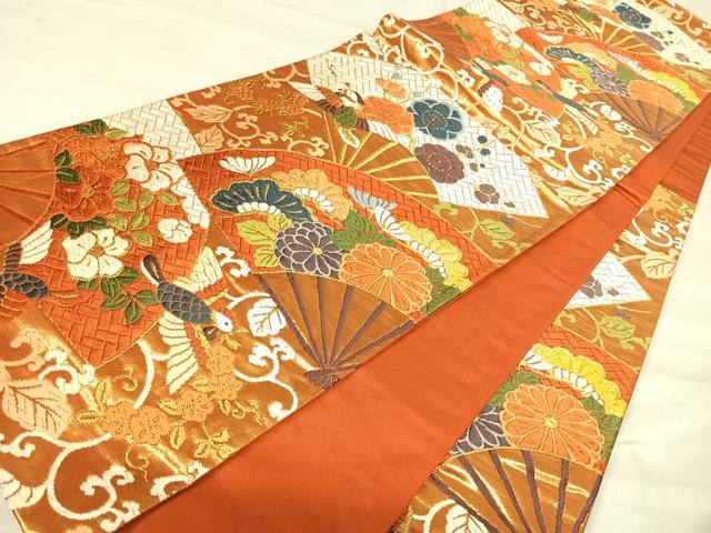 平和屋着物◎六通柄袋帯 唐織 扇面花鳥文 金糸 正絹 逸品 AABI5694yx
