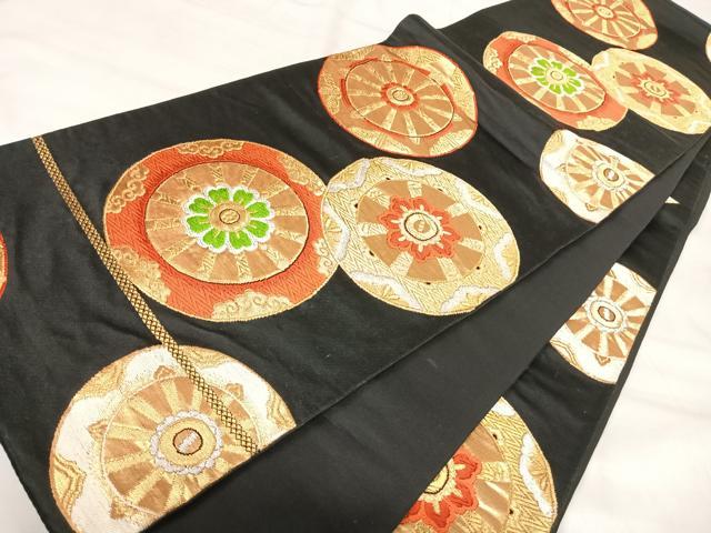 平和屋着物◎六通柄袋帯 唐織 源氏車文 黒地 金銀糸 正絹 逸品 AABI5726yx