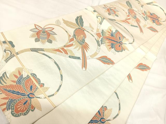平和屋着物◎六通柄 本袋帯 更紗花鳥文 金糸 正絹 逸品 AABI5727yx