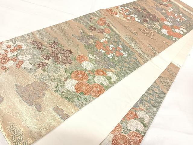平和屋着物◎六通柄袋帯 雲重ね花文 金糸 正絹 逸品 AABI5739yx