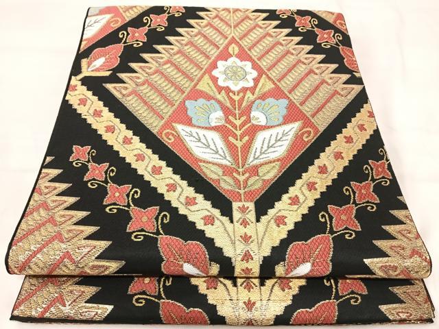 平和屋着物◎六通柄 本袋帯 唐織 幾何学花文 黒地 金糸 正絹 逸品 AABI5754yx