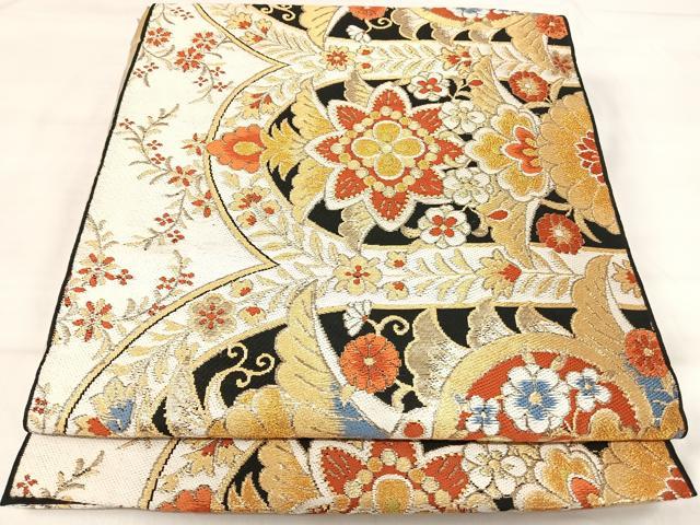 平和屋着物◎六通柄 本袋帯 更紗花文 黒地 金糸 正絹 逸品 AABI5758yx