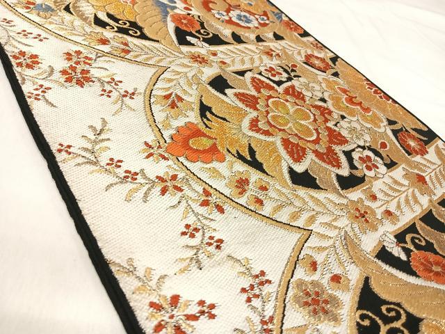 平和屋着物◎六通柄 本袋帯 更紗花文 黒地 金糸 正絹 逸品 AABI5758yx