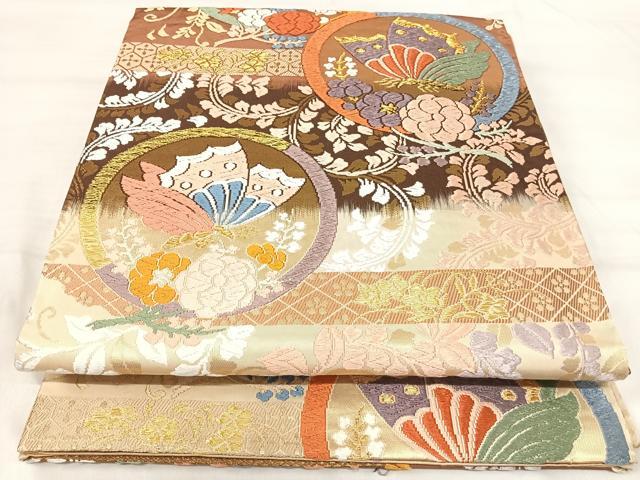 平和屋着物◎六通柄袋帯 唐織 花蝶丸文 金糸 正絹 逸品 AABI5761yx