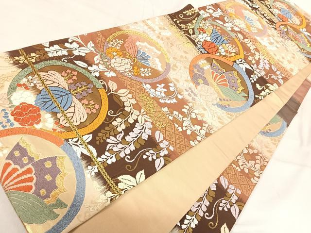 平和屋着物◎六通柄袋帯 唐織 花蝶丸文 金糸 正絹 逸品 AABI5761yx