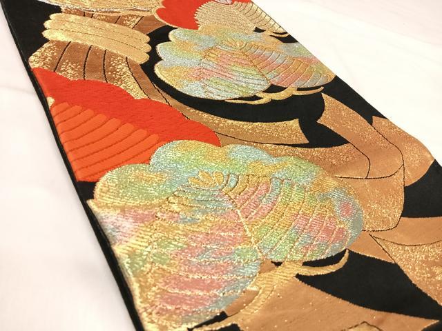 平和屋着物◎六通柄袋帯 唐織 束ね熨斗松文 黒地 金銀糸 正絹 逸品 AABI5766yx