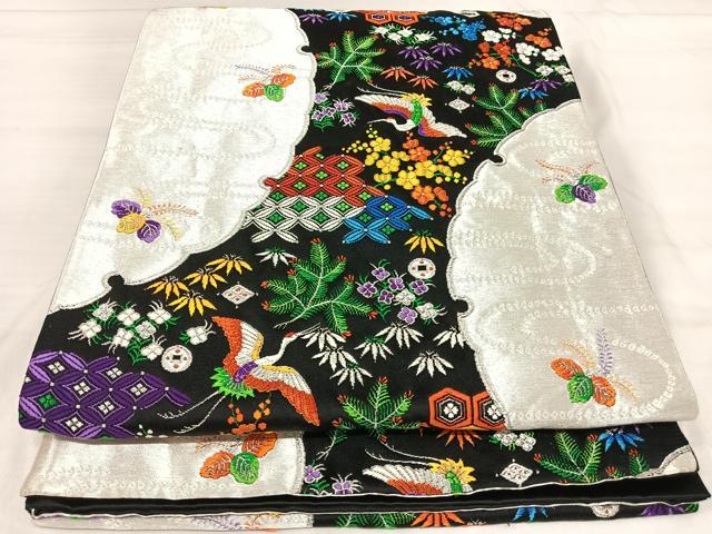 平和屋着物◎六通柄袋帯 唐織 華秀 飛鶴吉祥文 黒地 金銀糸 正絹 逸品 AABI5773yx
